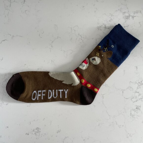 Off Duty Rudolph Festive Novelty Crew Socks Brown Navy Cream Red Yellow OS NWOT - Picture 4 of 7